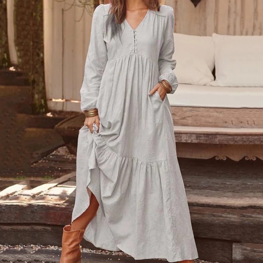 #55  Maxi Long Sleeve Grey Button V Bohemian Linen Feel Gray Prairie Dress - Picture 6 of 10